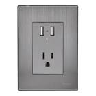 CONTACTO ELECTRICO CON PLACA DE A. INOX ATERRIZADO 125 V 15 A CON 2 ENTRADAS USB 2.1 A ACABADO PLATA