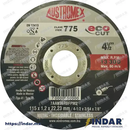 [AUS-775] DISCO PARA CORTE DE METAL 4.1/2"X3/64"X7/8" (ECO-CUT)