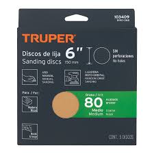 [TRU-103409] CAJA 5 DISCOS DE LIJA P/MADERA 6' GRANO 80, VELCRO, S/PERF.